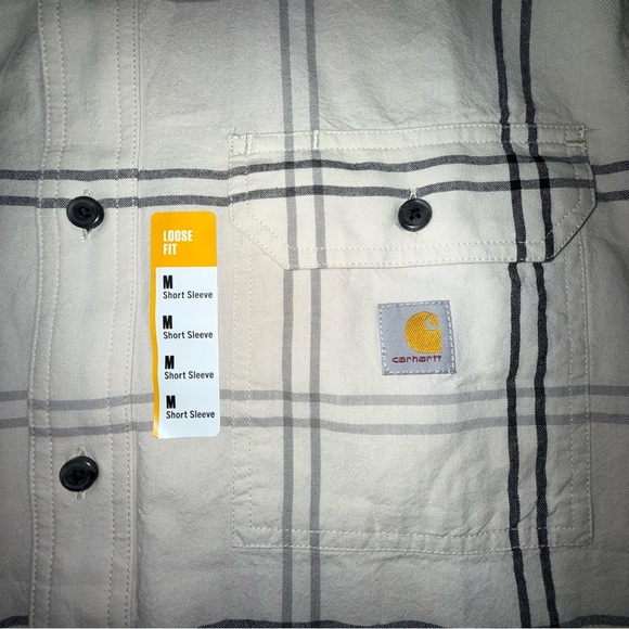 NWT Carhartt Men's off white shirt sleeve Plaid Button Down cotton Shirt Medium - Picture 3 of 13